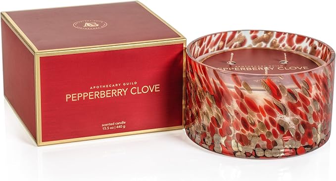 SPANGLED GLASS SCENTED CANDLE -15.5 OZ - RED & GOLD : PEPPERBERRY CLOVE