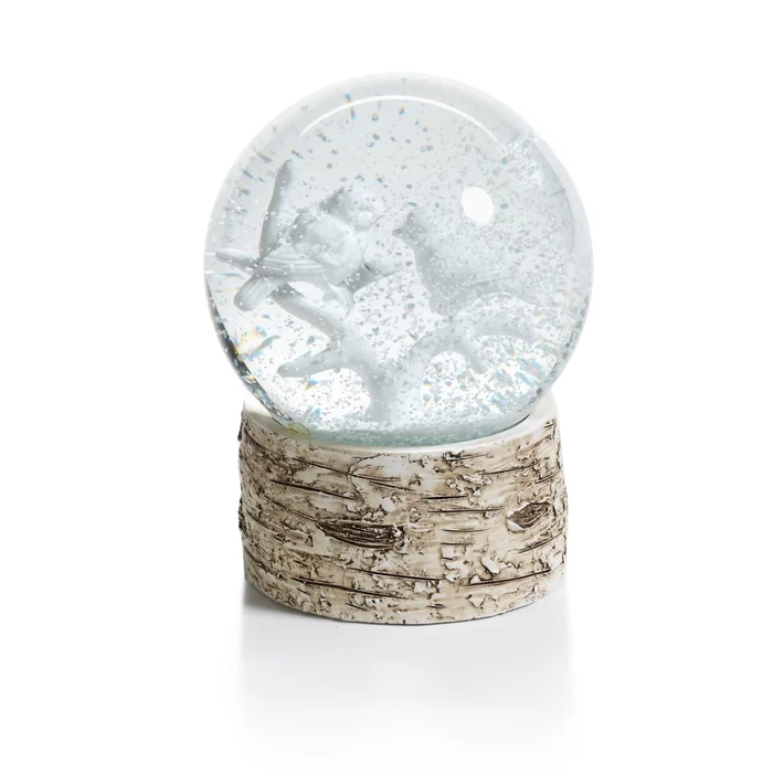 SNOW GLOBE ON BIRCH WITH WHITE BIRDS