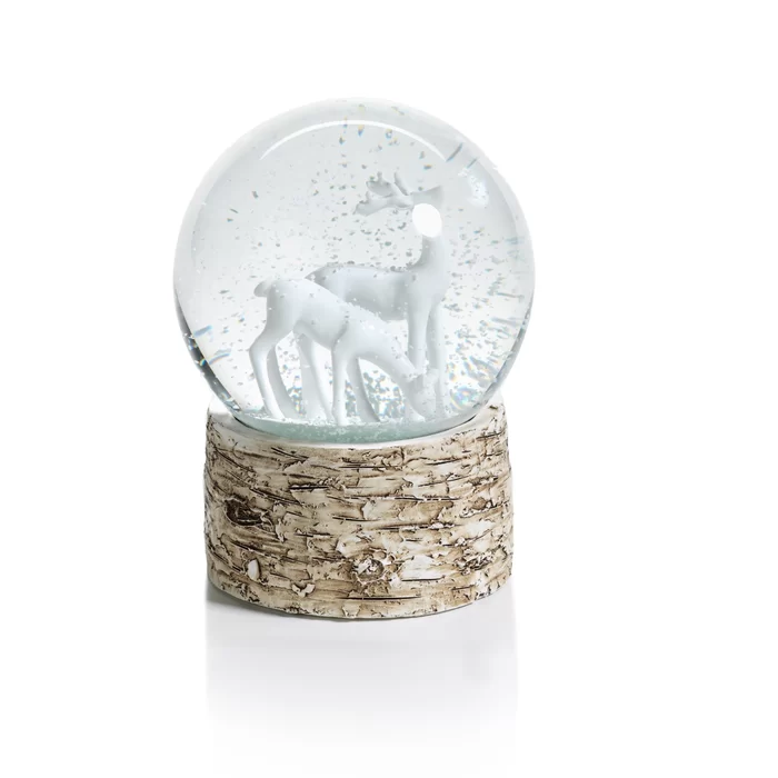 SNOW GLOBE ON BIRCH WITH WHITE REINDEERS