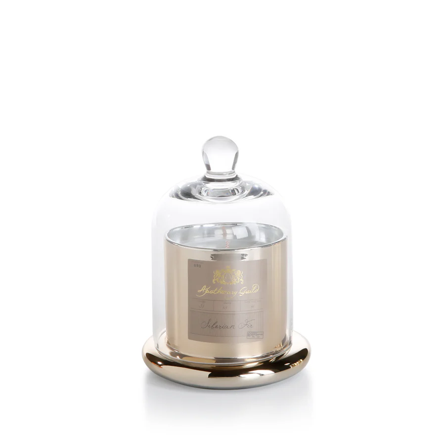 AG SCENTED CANDLE JAR WITH GLASS DOME - SMALL - GOLD: SIBERIAN FIR
