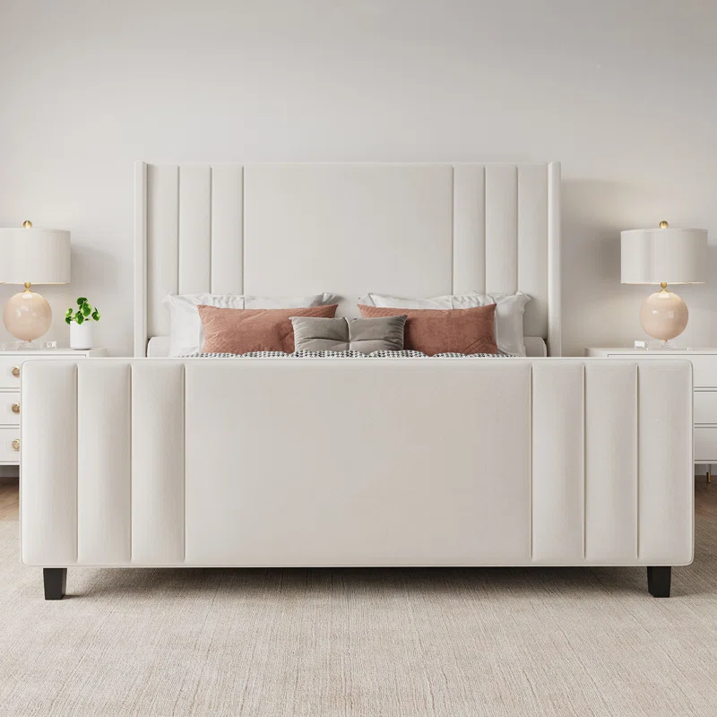  VELVET UPHOLHOLSTERED PLATFORM BED WITH VERTICAL CHANNEL TUFTED HEADBOARD-QUEEN (CREAM)  