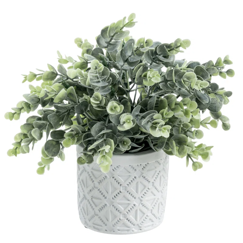 Faux Eucalyptus in White Cement Pot
