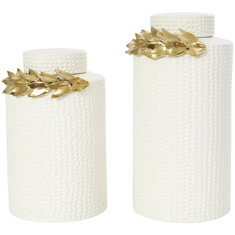 WHITE CERAMIC DECORATIVE JAR WITH GOLD LEAF ACCENT-MEDIUM