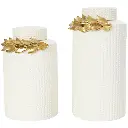 WHITE CERAMIC DECORATIVE JAR WITH GOLD LEAF ACCENT-MEDIUM