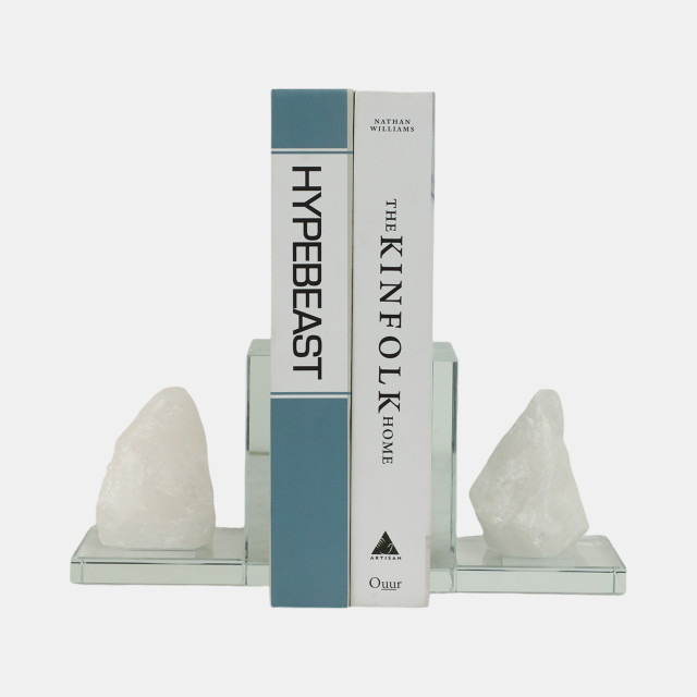5"H GLASS BOOKENDS WITH WHITE STONE