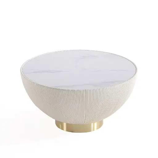 [DL01395] CREAM LEATHER AND MARBLE TOP COFFEE TABLE