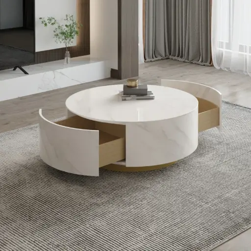 [DL01418] ROUND MARBLE FINISH COFFEE TABLE WITH STORAGE