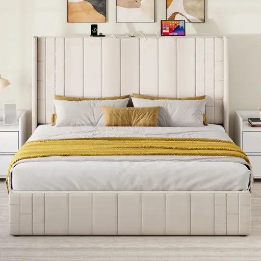 [DL01514] STORAGE PLATFORM BED WITH USB PORT (KING)-BEIGE 