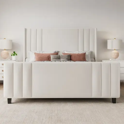 [DL01515]  VELVET UPHOLHOLSTERED PLATFORM BED WITH VERTICAL CHANNEL TUFTED HEADBOARD-QUEEN (CREAM)  