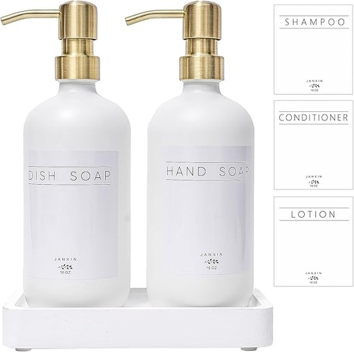 [DL01741] Glass Soap Dispenser (16.9oz) with Stainless Steel Pump and Wood Tray (set of 2) 