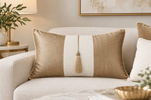 [DL01758] 13" X 23" TASSLE GOLD COLOUR BLOCK LUMBAR 