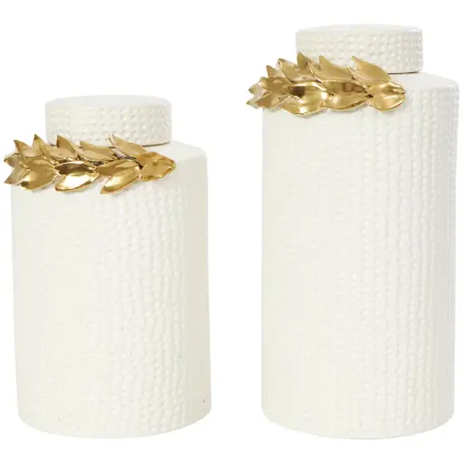 [DL01782] WHITE CERAMIC DECORATIVE JAR WITH GOLD LEAF ACCENT-MEDIUM