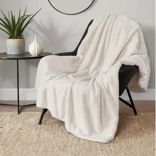 [DL01785]  Reversible Solid Rabbit Mink Faux Fur
 Throw Blanket- 50"x70"-Ivory
