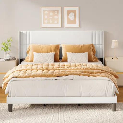 [DL01784] UPHOLSTERED PLATFORM BED WITH WINGBACK-KING WHITE 