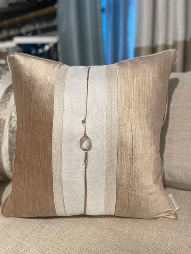[DL01838] 20" x 20" IVORY & GOLD STRIPE BAND PILLOW WITH GEODE 