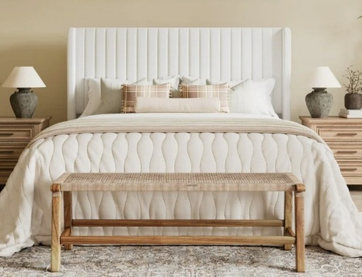 [DL02464] White Candler Velvet Upholstered Platform Bed with Wingback  Headboard- Queen 