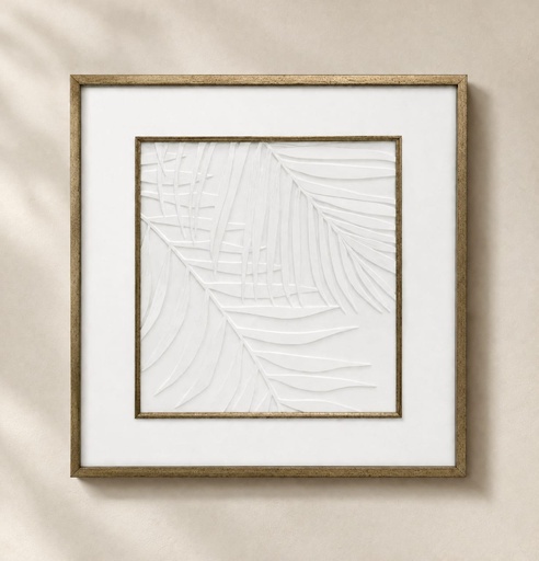 [DL02489] Gold Frame White Palm Leaf Wallart