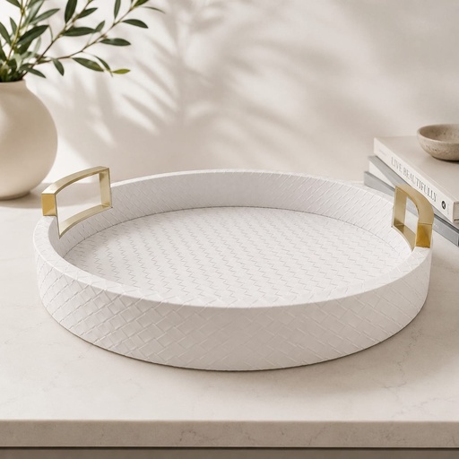 [DL02551] White Round Tray with Gold Handles Small  