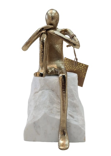 [DL02565] Gold Sitting Man on White Stone 