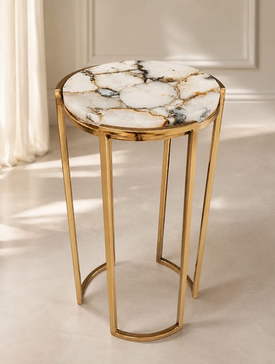 [DL02680] Agate Top with Gold Metal Base Side Table  
