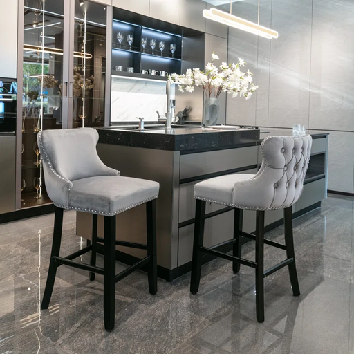 [DL00002] 26.7" VELVET UPHOLSTERED BACK GRAY BARSTOOLS
