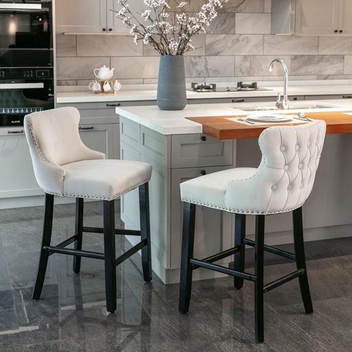 [DL00002] VELVET UPHOLSTERED BACK IVORY BARSTOOLS