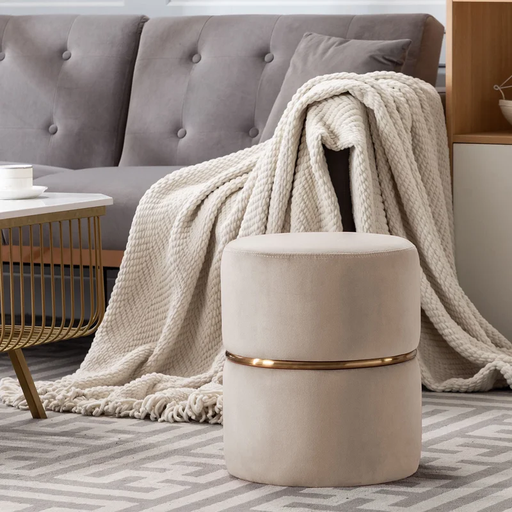 [DL00139] TAUPE/CREAM WITH GOLD INLAY VELVET OTTOMAN