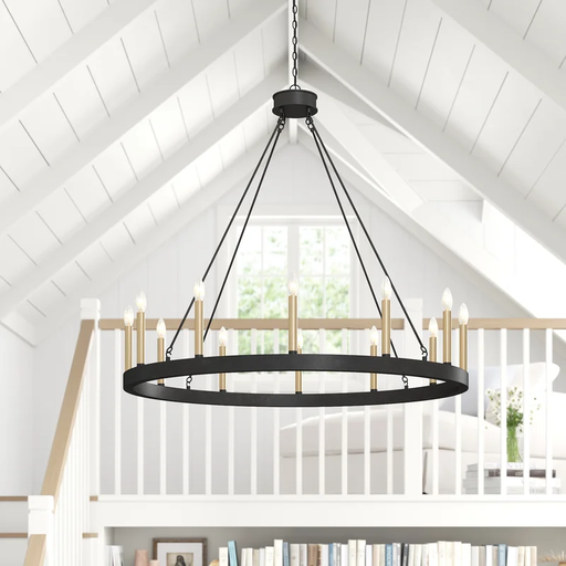 [DL00025] 12-LIGHT CANDLE STYLE WAGON WHEEL CHANDELIER BLACK AND GOLD