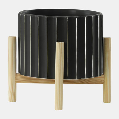 [DL01131] 12" CERAMIC FLUTED PLANTER W/ WOOD STAND, BLACK