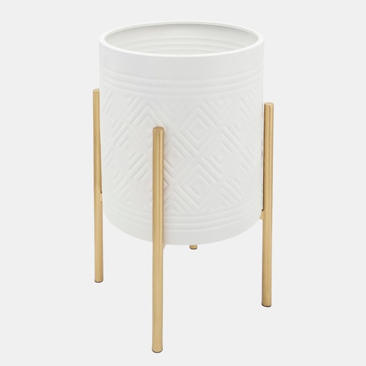 [DL01150] LARGE AZTEC PLANTER ON METAL STAND, WHITE/GOLD